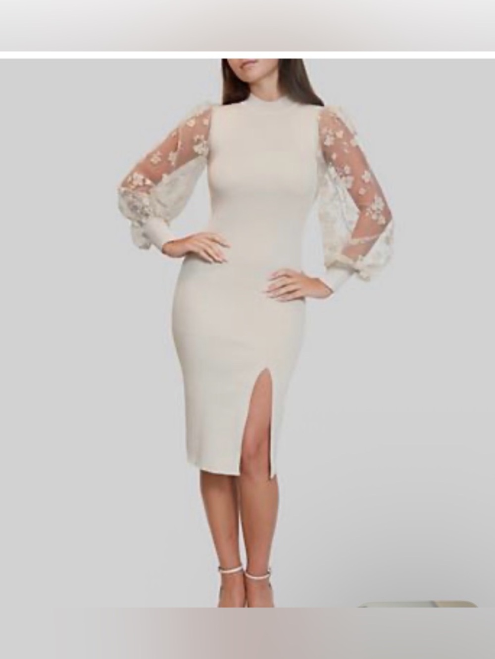 Dylan Ryan NYC Junior's Flocked Flower Mock Neck Sweater Dress in cream color